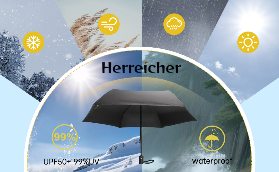 Компактний дорожній парасолька Herreicher - автоматичний, ультралегкий, захист від УФ, для чоловіків та жінок, чорний