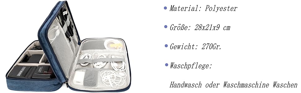 Водонепроникна сумка-органайзер для кабелів та електроніки Ruyosn. Двошарова сумка для кабелів, power bank, жорсткого диска. Синій колір, один розмір.