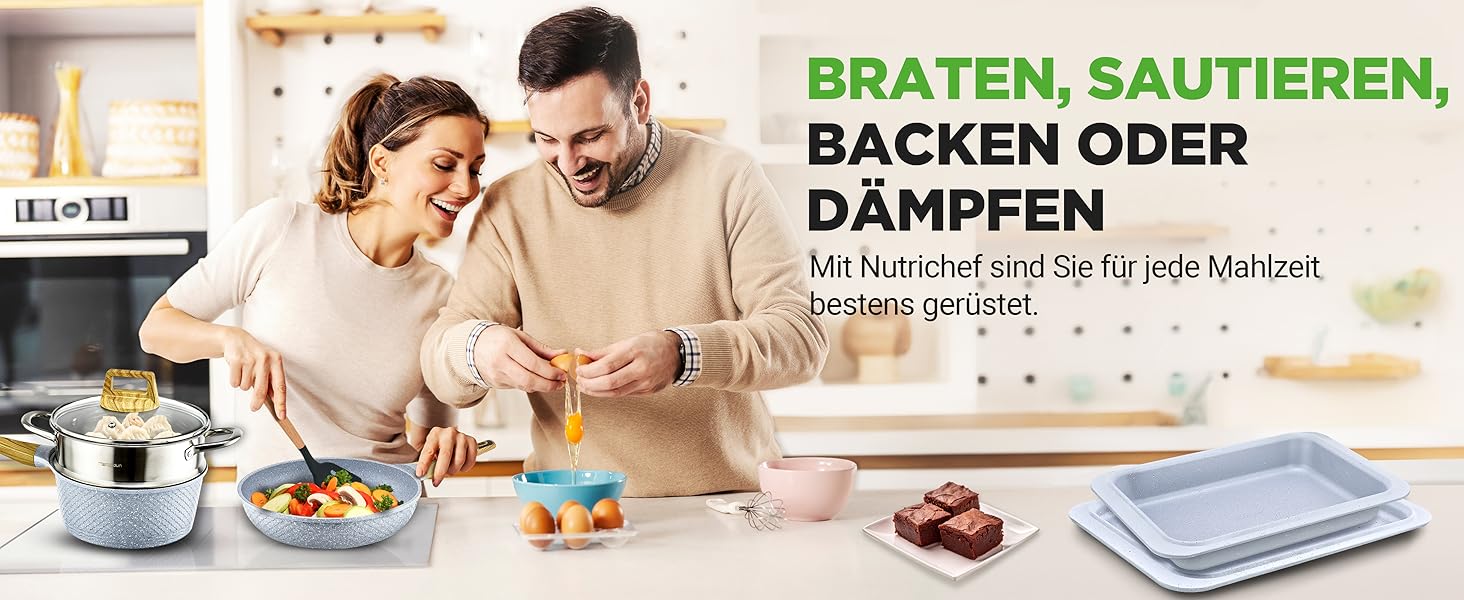 Набір посуду NutriChef 22 предмети антипригарний мармуровий блакитний – сковороди, каструлі, аксесуари для кухні, індукція, посудомийна машина