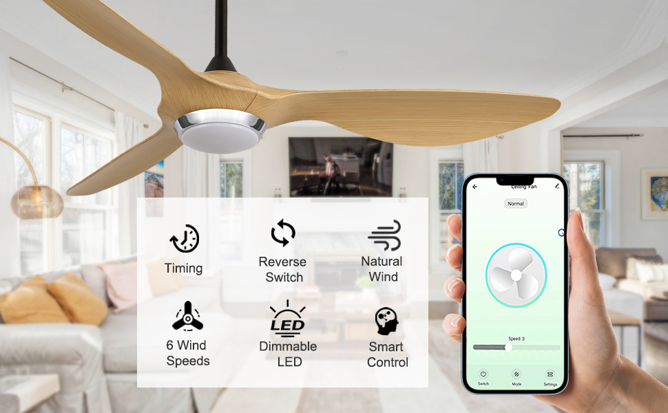 Стеляний вентилятор Reiga з підсвіткою та пультом керування, діаметр 132 см, тихий реверсивний мотор, 6 швидкостей, таймер, регульована яскравість та 3 колірні температури, коричневі лопаті