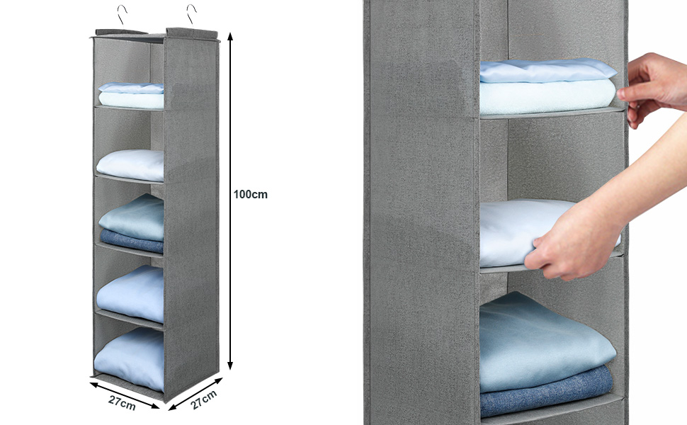 Органайзер для шафи AiQInu з 3 відділеннями, на вішалку, бамбуковий, сірий (з гачками)