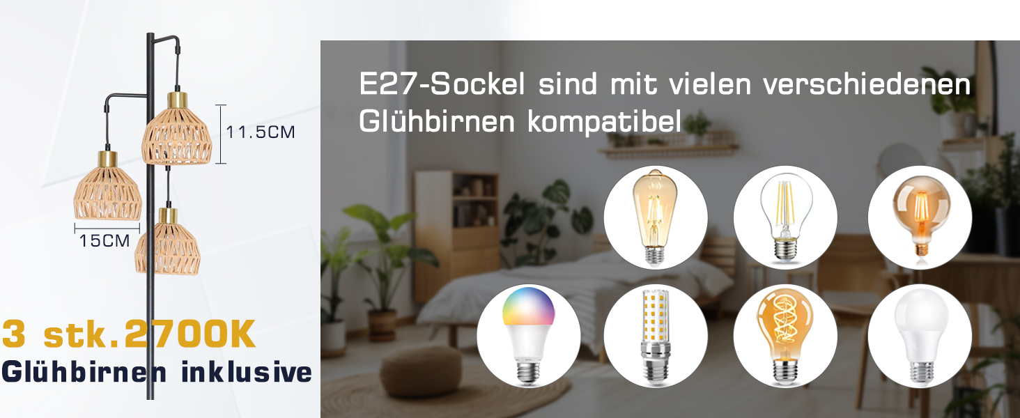 Стійка лампа ShineMuse Boho з ротангу, чорна, вінтаж, 170 см, 3 E27, LED, диммер, для вітальні