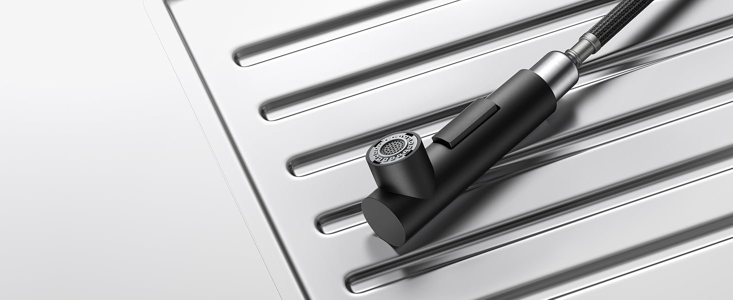 Змішувач для кухні FORIOUS висувний з душем, кухонний змішувач, L-подібний, 2 режими розпилення, поворотний 360°, матовий чорний