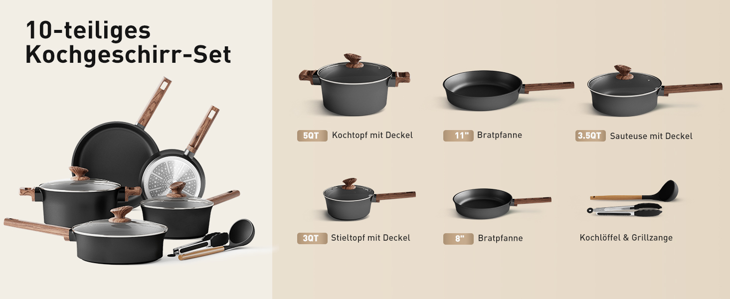 Набір кухонного посуду Kitchen Academy з антипригарним покриттям для індукції, 10 предметів: каструлі та сковороди з керамічним покриттям та скляними кришками