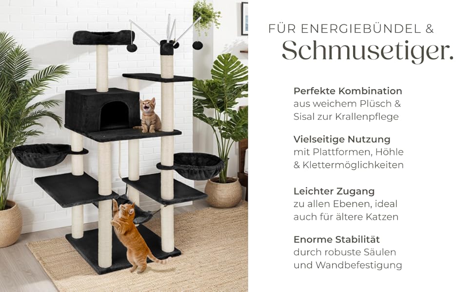 Тектейк® XXL Драбина-кіготь для котів, велика, з аксесуарами: лежанки, гамак, будиночок, іграшки, мотузка з сизалю, ствол для шліфування, кіготь для котів, драбина-кіготь для котів. Висота приблизно 165 см - сірий (Чорний | № 402933)