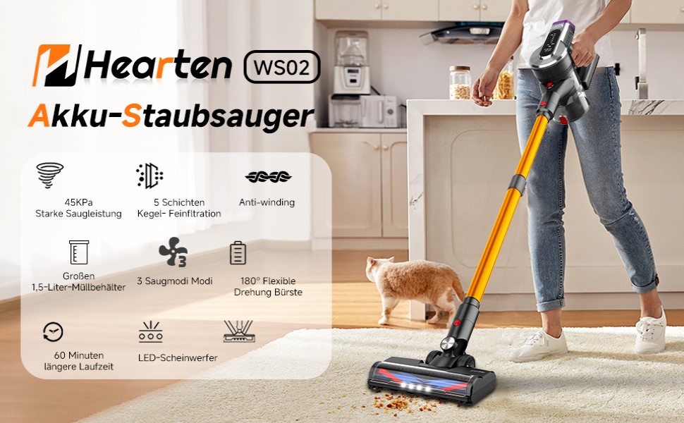 Акумуляторний бездротовий пилосос Hearten 4-в-1 з LED-дисплеєм та антизаплутувальною щіткою, керуванням в один дотик, LED-підсвічуванням для шерсті тварин/килимів/твердих підлог (Золотий)