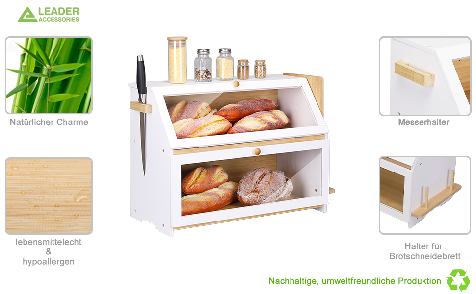 Leader Accessories Бамбуковий хлібний ящик з 2 ярусами, з дощечкою для нарізання, харчовий, легкий у догляді, 50x25x37 см, білий