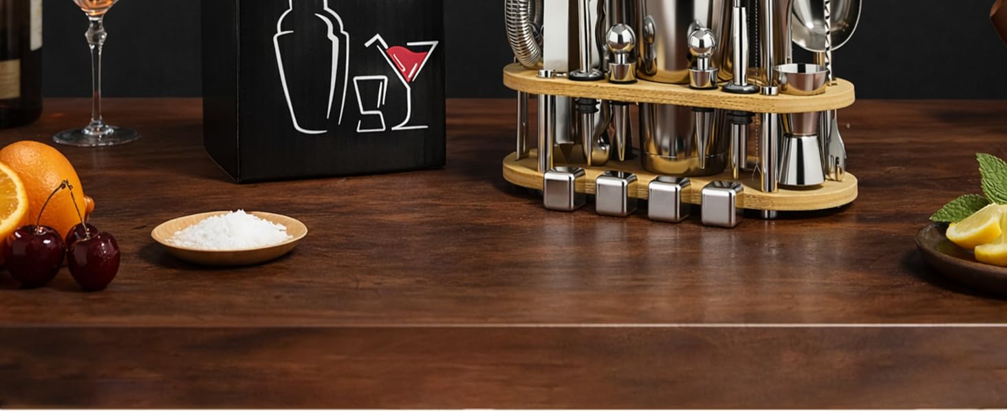 Набір для коктейлів 700 мл, 25 предметів: професійний шейкер, барменський набір з нержавіючої сталі, дерев'яна підставка для приготування напоїв
