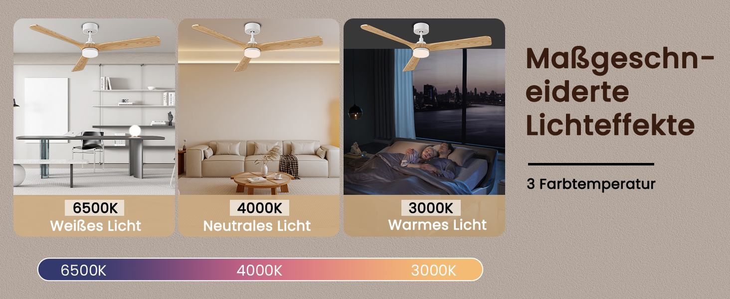 Стеляний вентилятор Holz з підсвічуванням, тихий DC-двигун, 90 см, для вулиці, 3 дерев'яні лопаті, регульоване LED-освітлення 24W, пульт з пам'яттю, 6 швидкостей, таймер (дерево, 52 дюйми)