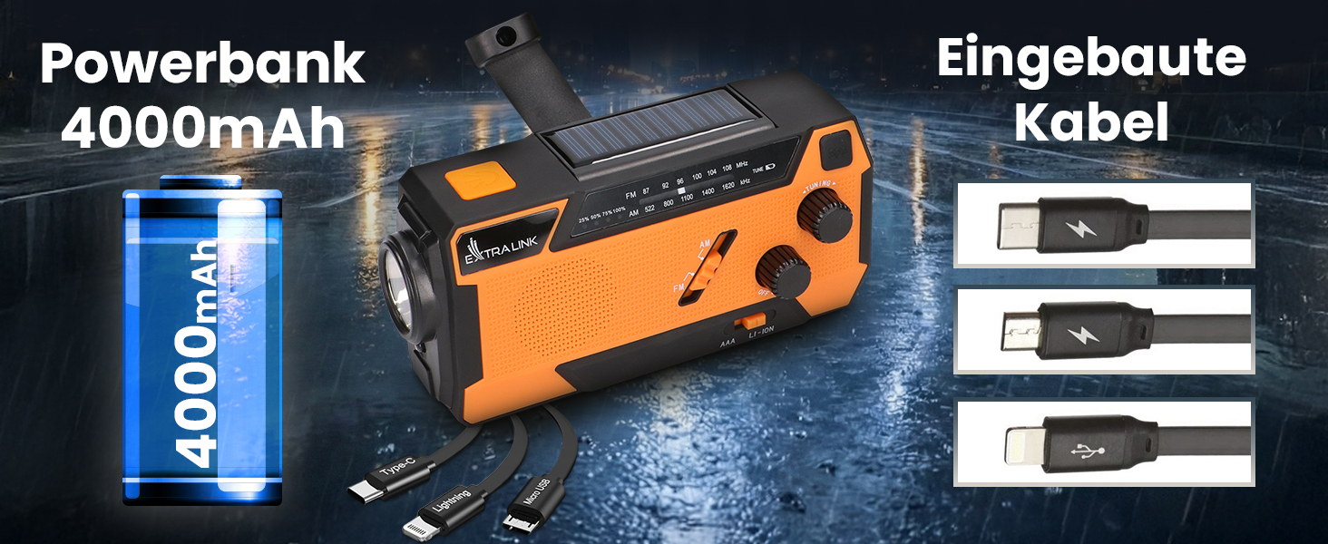 Радіо Extralink Kurbelradio: аварійне радіо з сонячною панеллю та ручкою, акумулятор 4000 mAh, FM/AM, LED ліхтарик, SOS сигнал. Для блекауту, кемпінгу та відпочинку на природі