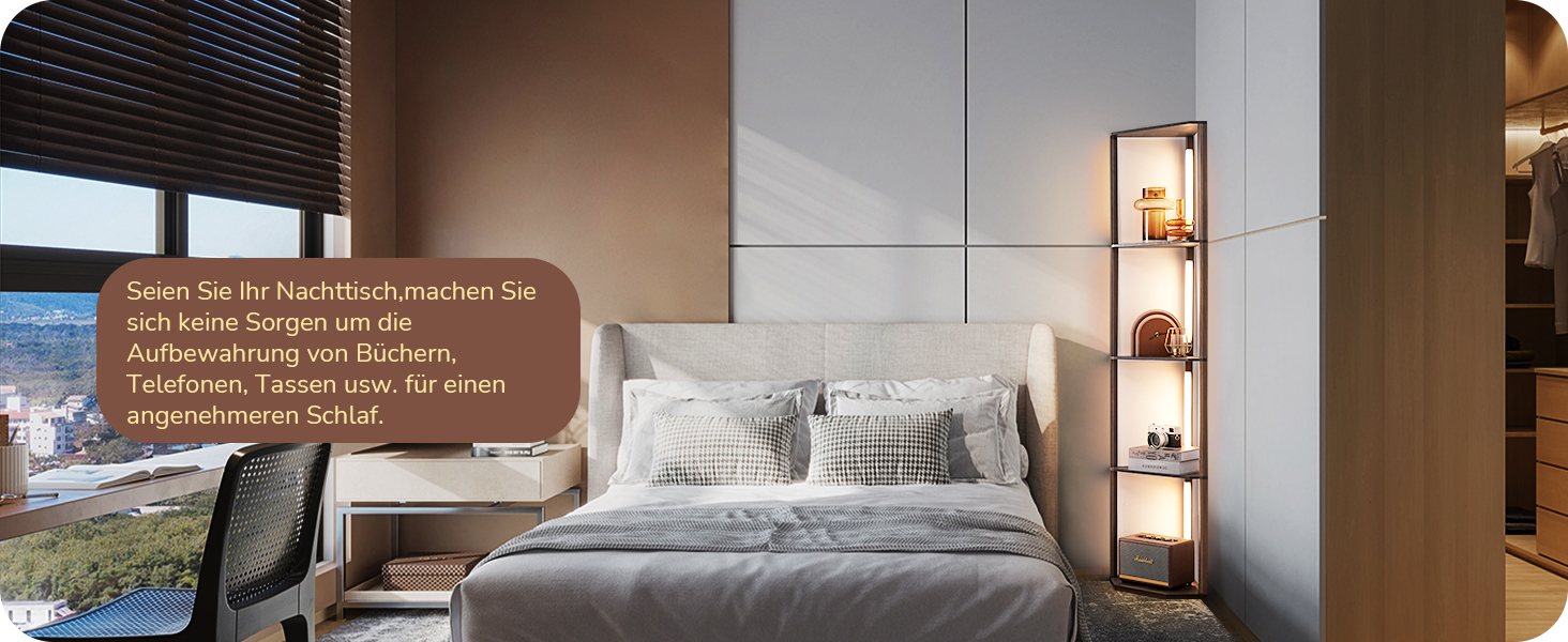 LED торшер EDISHINE з 4 полицями з дерева, торшер для вітальні, регульоване освітлення, 3 колірні температури, поворотний світловий стержень, підсвічування полиць, футовим вимикачем (темно-горіховий)