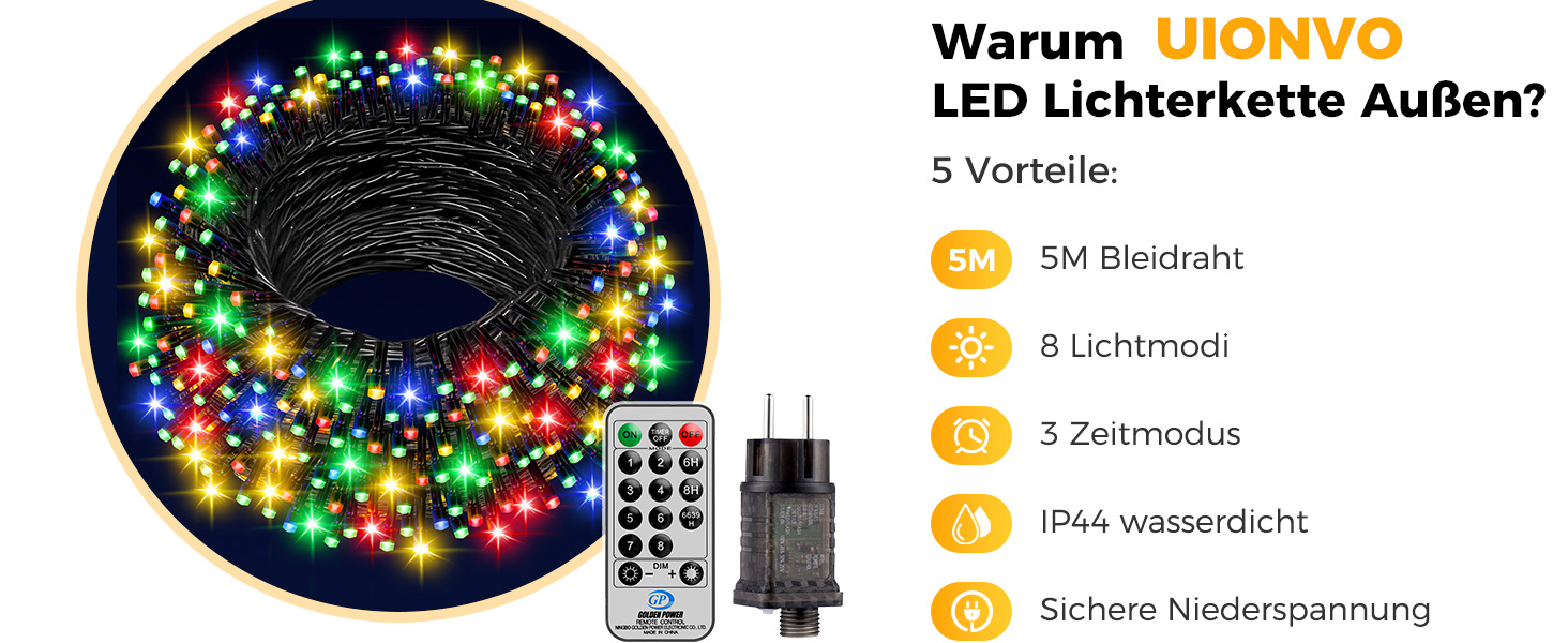 LED гірлянда на ялинку: 250 LED, тепле біле світло, 15м, IP44, 8 режимів, таймер, для дому та саду
