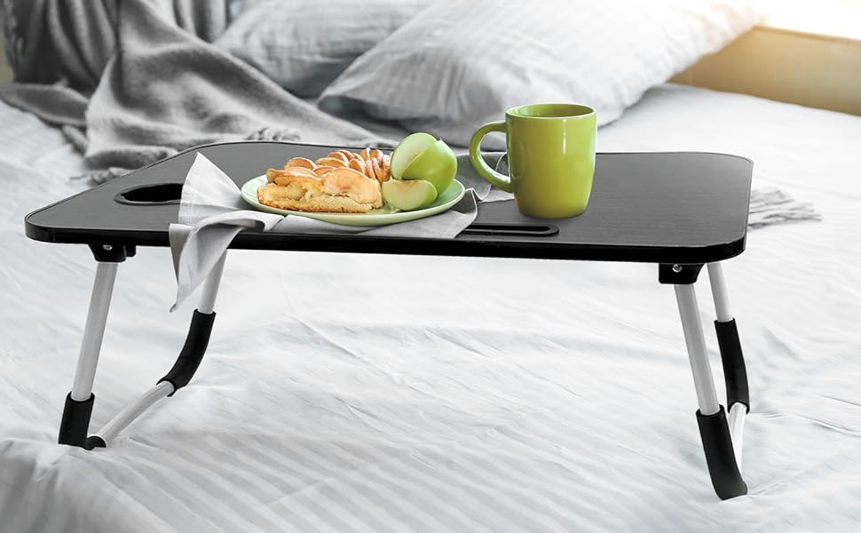 Стіл для ноутбука в ліжко, складаний, портативний: стіл для читання, піднос для сніданку, стіл для ноутбука, з тримачем для напоїв, 60 x 40 см, чорний