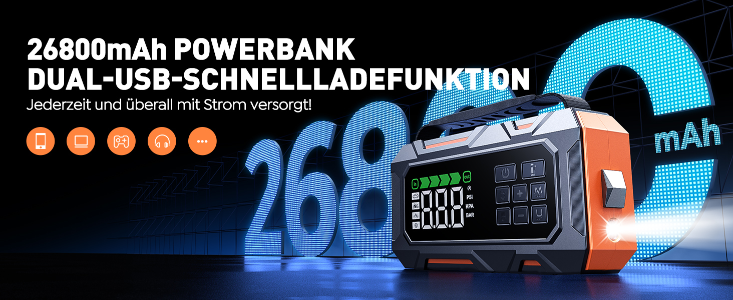 Powerbank для авто 26800mAh 7000A з компресором 160PSI, старт допомога, 5 LED, набір для ремонту шин, молоток, підтримка бензину/дизеля