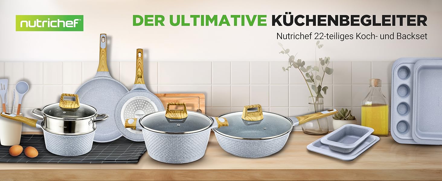 Набір посуду NutriChef 22 предмети антипригарний мармуровий блакитний – сковороди, каструлі, аксесуари для кухні, індукція, посудомийна машина