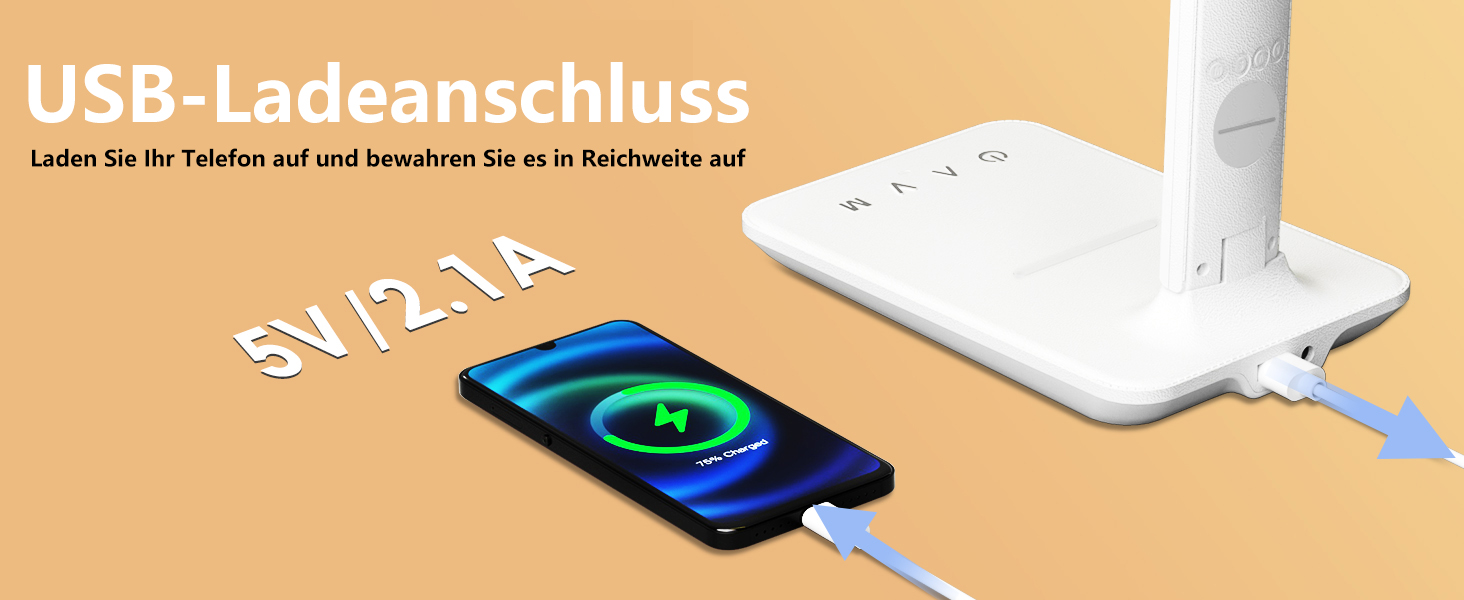 LED настільна лампа з бездротовою зарядкою та USB-портом, диммування, годинник, 3 режими освітлення, Tx26cwhite-eu