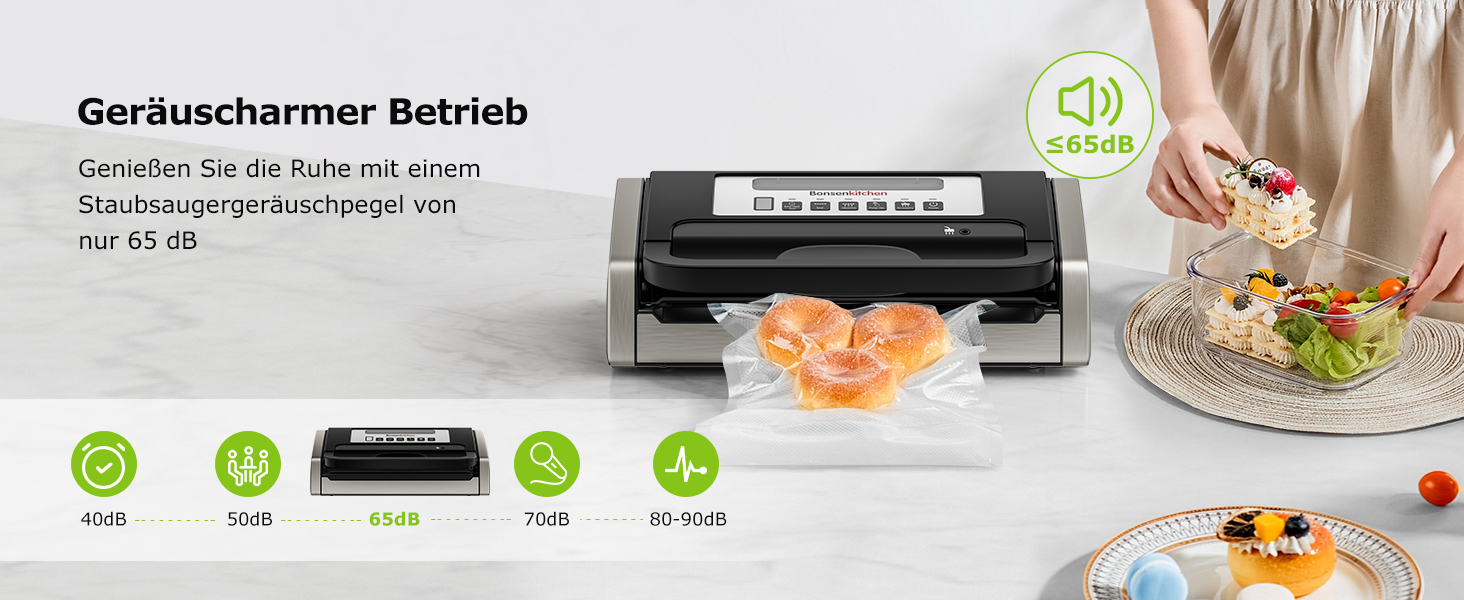 Вакуумний пакувальник Bonsenkitchen 15л/хв, з ручкою та вбудованим ножем, комплект з 2 рулонами, сертифікат екологічності