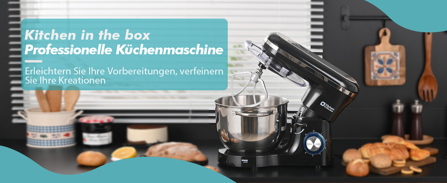 Кухонна машина Küchenmaschine 6.2 л, 1400 Вт, 6 швидкостей, з набором насадок (міксер, гак для тіста, вінчик), чорний колір