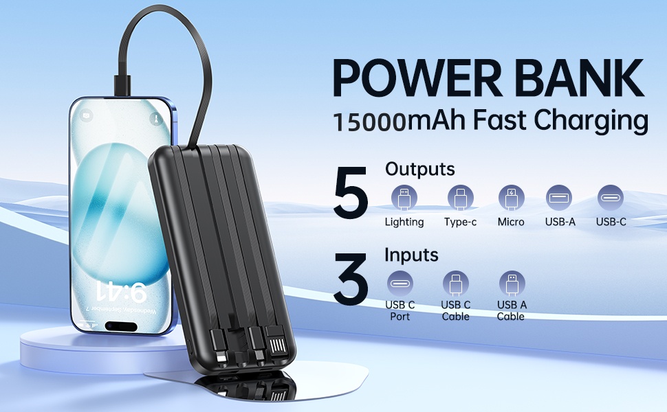 Power Bank 15000mAh з 4 кабелями, портативний зарядний пристрій 22.5W PD20W USB-C для iPhone, Samsung, Huawei та інших пристроїв. LED-індикатор.