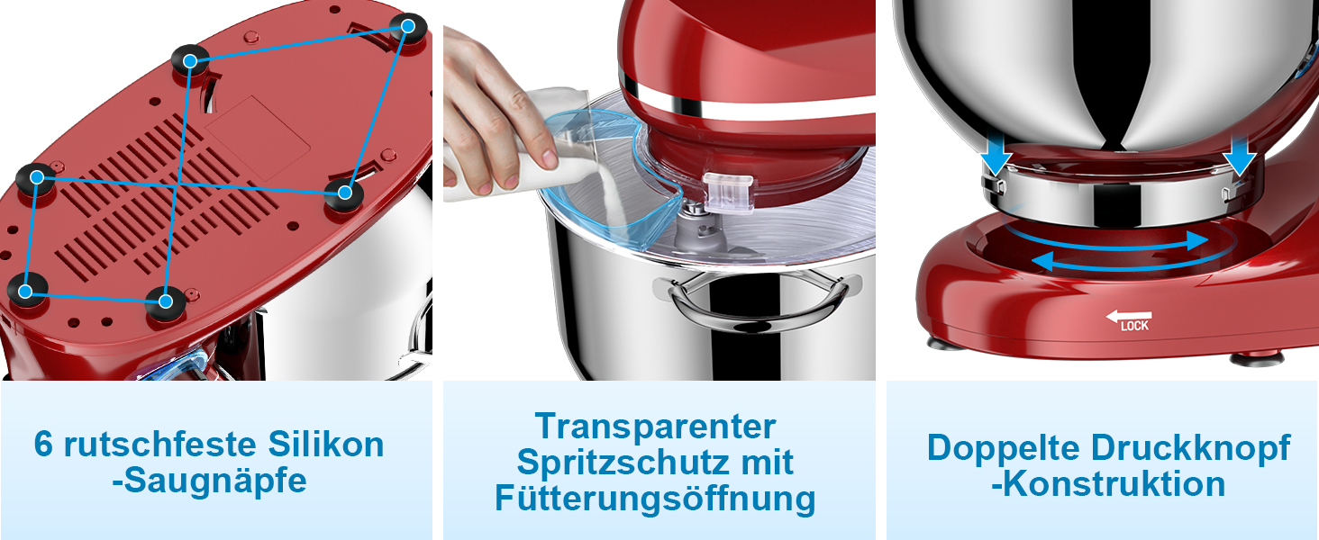 Кухонний комбайн-міксер 1500W з чашею з нержавіючої сталі 7л, планетарний міксер для тіста з 6 швидкостями та набором насадок (гак, вінчик, міксер), червоний