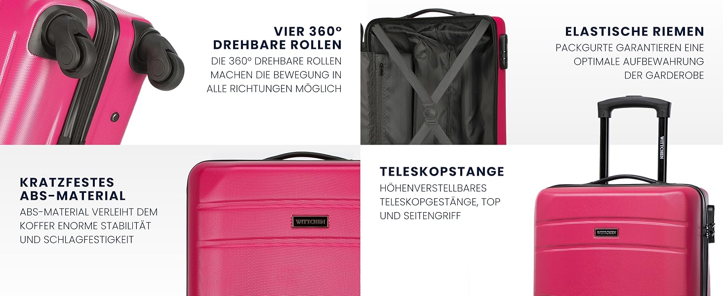 Набір валіз WITTCHEN Globe Line: 4 валізи, жорсткий корпус ABS, телескопічна ручка, кодовий замок, 4 колеса. Підходить для Lufthansa, Eurowings, Ryanair, Condor, Discover Airlines (Рожевий)