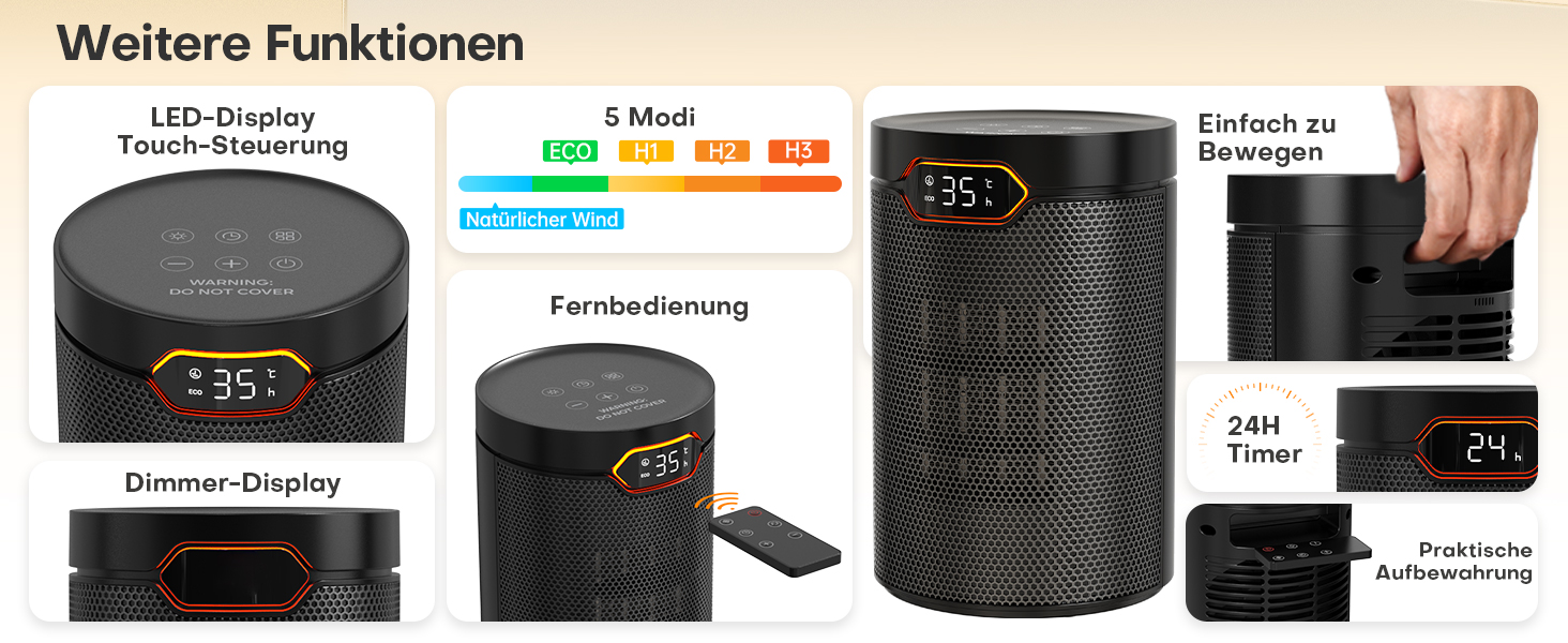 Електричний обігрівач QEXREED 1500W з PTC, ECO-режимом, 4 режими нагріву, вентилятором, термостатом, таймером, пультом керування, захистом від перегріву та перекидання, портативний та тихий, для дому та офісу