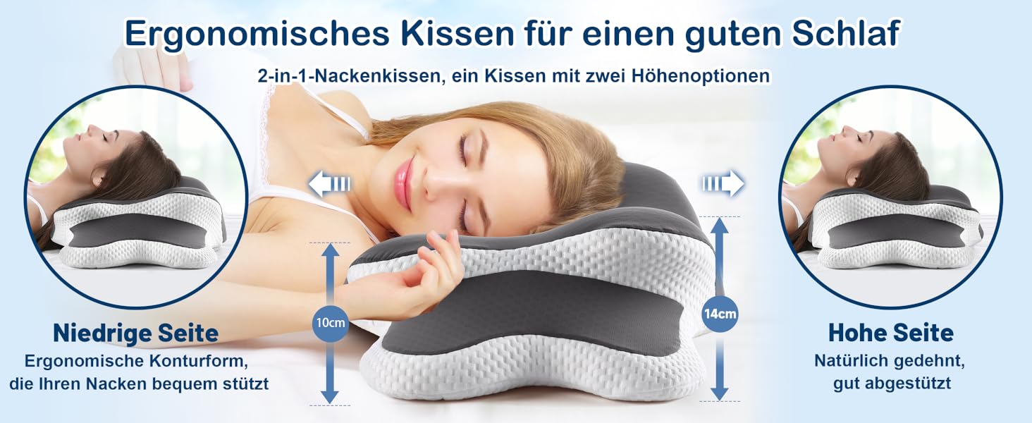 Подушка з піною з пам'яті YunNasi: ергономічна, ортопедична, для сну на боці, спині та животі, з кульковою тканиною, яку можна прати