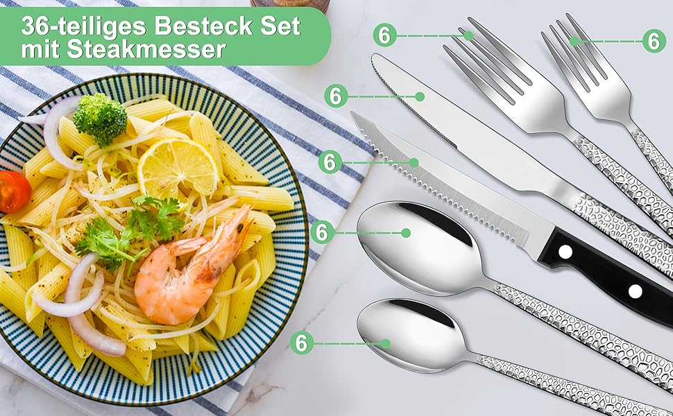 Homikit Cutlery Set, 36-Piece Cutlery Set with Steak Knives, Stainless Steel Polished Eating Cutlery for 6 People with Spoon, Knife, Fork, Hammered Flatware, Rust-Proof & Dishwasher Safe
