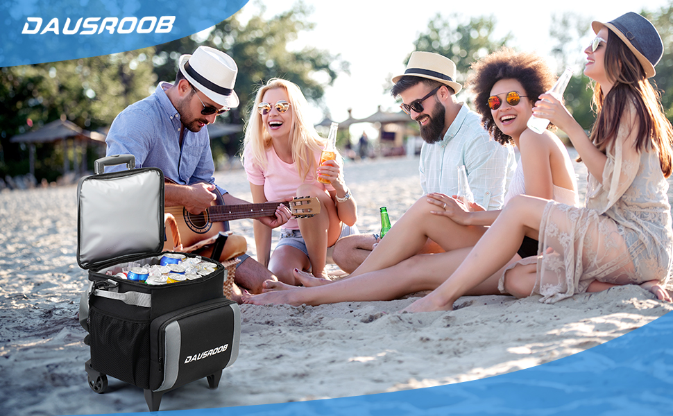 Ізольований холодильник на колесах 48 літрів для пікніка, кемпінгу, риболовлі, пляжу - сірий/чорний