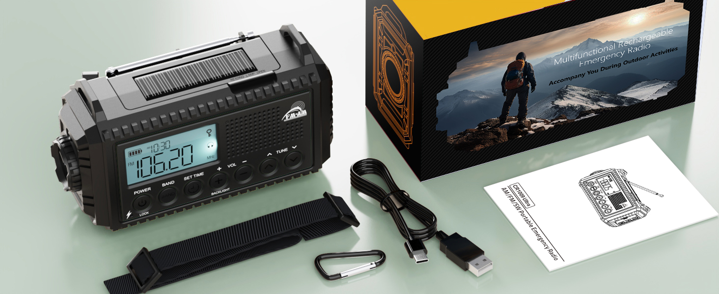 Радіоприймач Kurbelradio на 12000mAh з сонячною панеллю та ручкою, AM/FM/SW, з ліхтариком, USB-зарядкою, SOS-сигналом, для кемпінгу та надзвичайних ситуацій, зелений