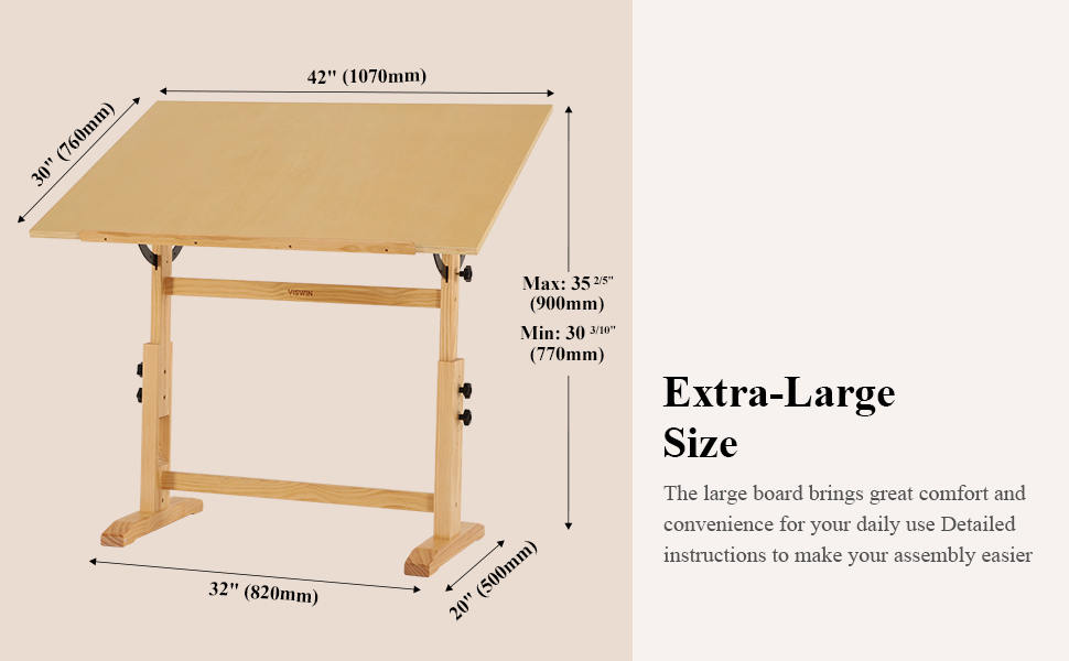 Adjustable Wooden Art Drawing Table - 76x107cm - Viswin Studio Easel for Painting & Drawing