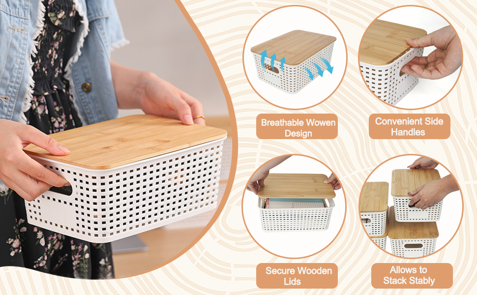 UHAPEER Storage Box with Bamboo Lid, 6 Piece Storage Basket, Plastic Basket Storage, Kitchen Organizer White, Stackable Storage Boxes, Box with Lid 25.6 x 18 x 10.7 cm