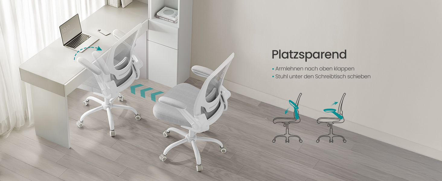 Офісне крісло SONGMICS ергономічне, поворотне з сіткою, підтримкою попереку та підголівником, функцією гойдання, сидіння 53 см, відкидні підлокітники, для офісу та спальні, студентів, OBN37BK (Світло-сірий, без підголівника)