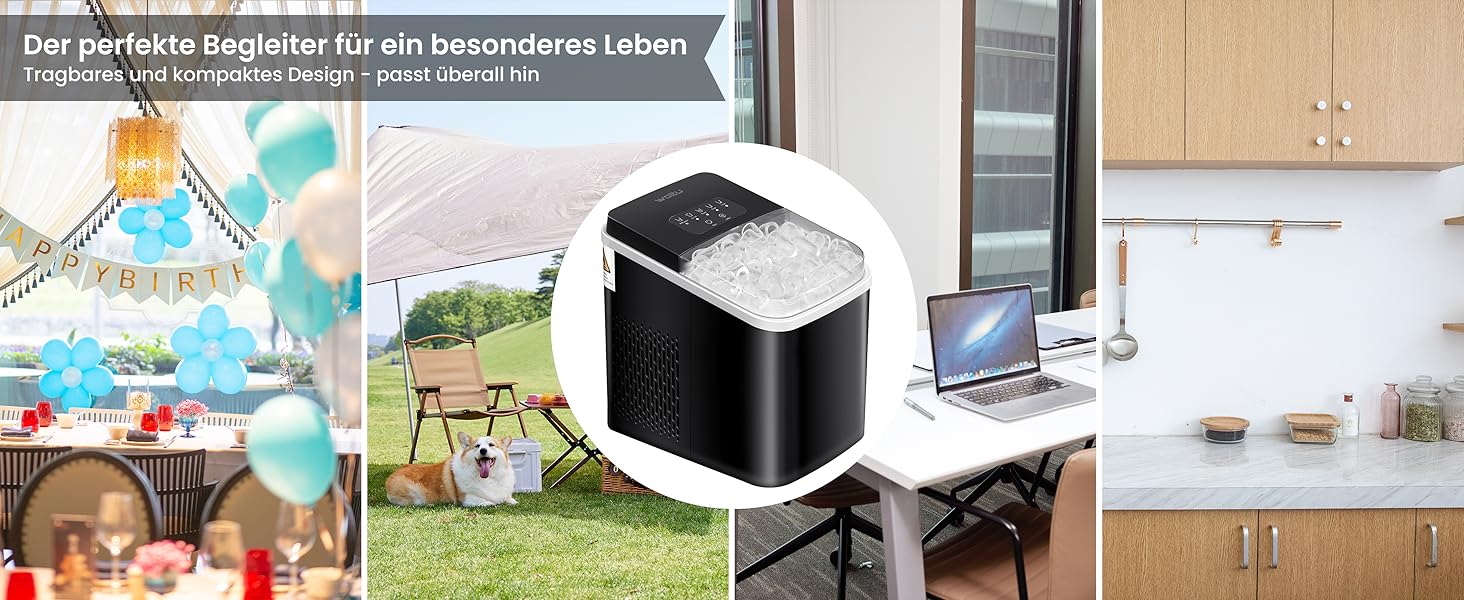 WOLTU Compact Ice Cube Maker Machine - Fast Ice Production (8 Cubes/6-8 Min) - 12kg/24h Capacity - Portable with Handle - Self-Cleaning - 2 Sizes - Ice Maker for Home, Camping, Office (1.4L, Black)