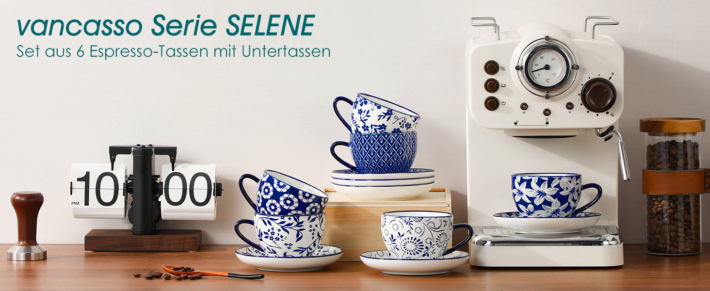Набір кавових чашок капучіно Vancasso Selene 6 шт., 240 мл, блакитно-білий вінтажний дизайн, високоякісне фарфорове покриття, придатні для миття в посудомийній машині та використання в мікрохвильовій печі