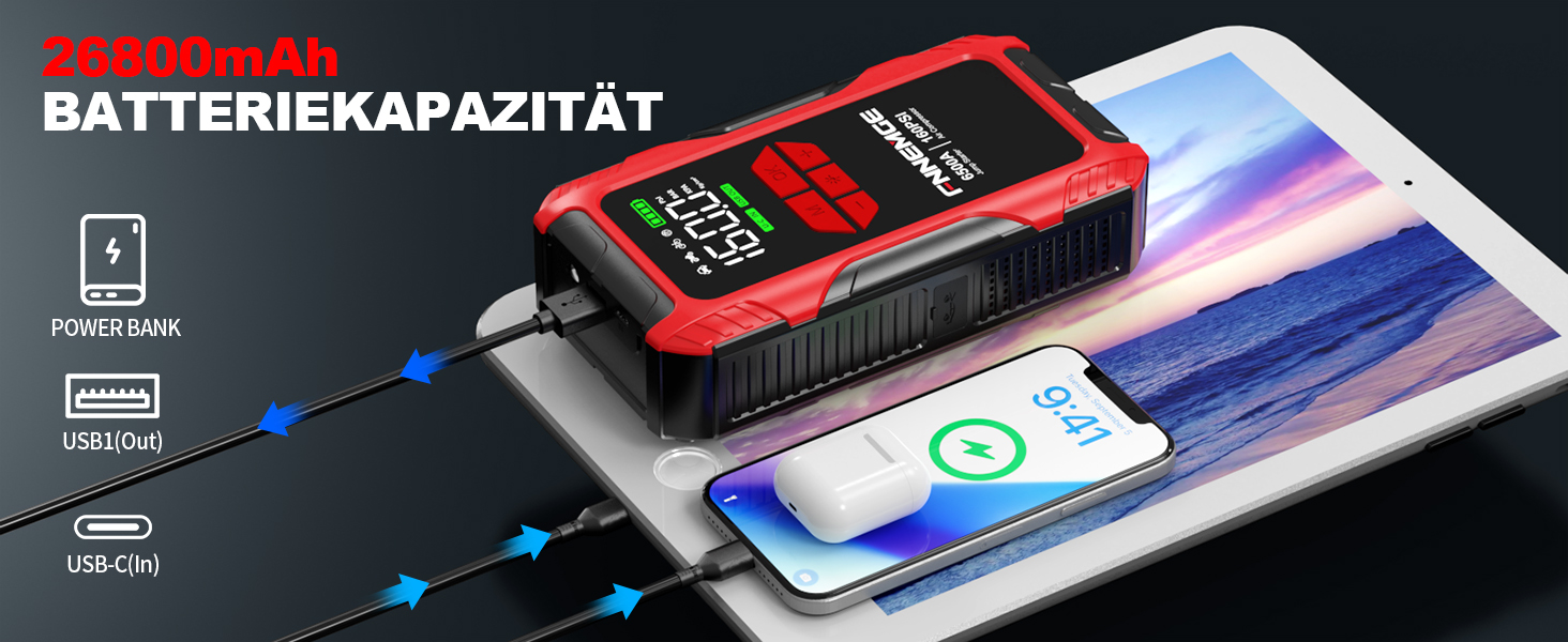 Пауербанк для авто FNNEMGE 26800mAh з пусковим струмом 6500A, компресором 160PSI, LCD-дисплеєм та LED-підсвіткою