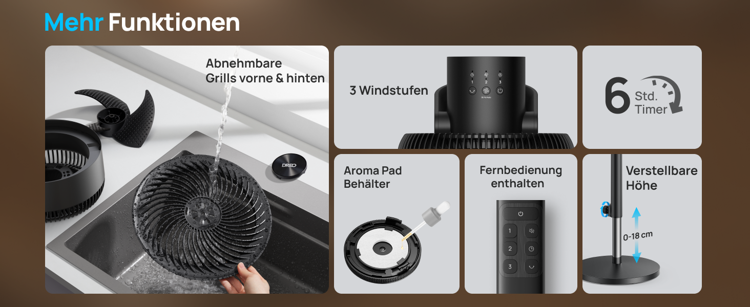 Вентилятор Dreo Leiser Standventilator: тихий, з осциляцією, таймер 6H, дистанційне керування, для спальні, функція ароматерапії (чорний)