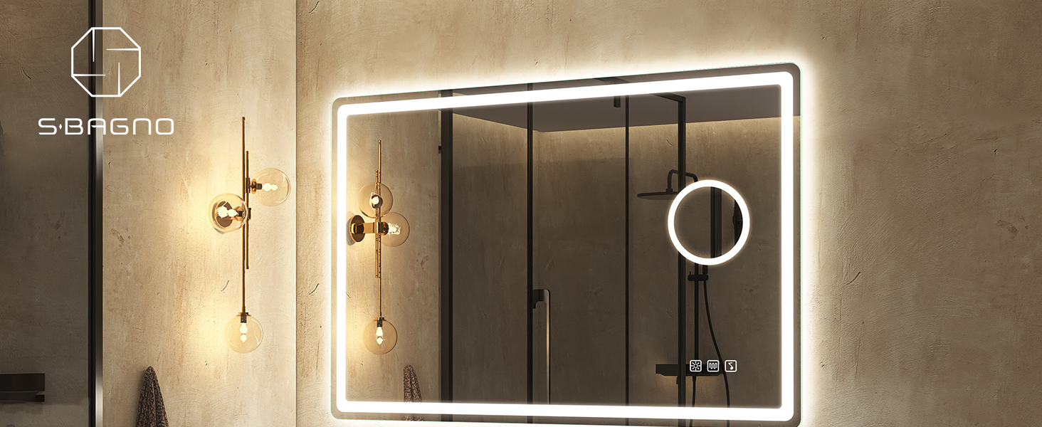Дзеркало для ванної кімнати S'bagno з підсвічуванням 100x70 см, LED, з пам'яттю, антизапар, 3 колірні температури, регулювання яскравості, HD скло, IP44, горизонтальне/вертикальне (з 5-кратною лупою та Bluetooth)