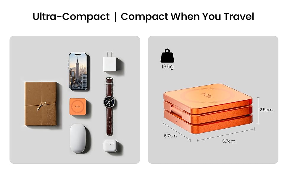 MagSafe зарядна станція 3-в-1: бездротовий зарядний пристрій 25W для iPhone 12-17, Apple Watch, AirPods (Qi, складна, помаранчева)