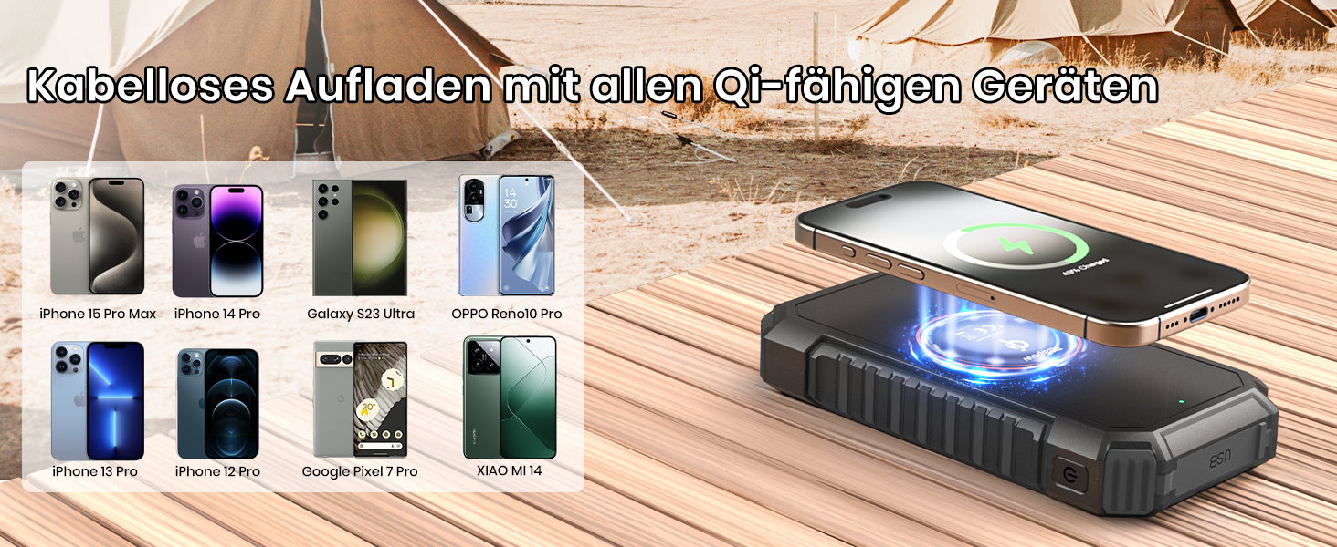 Powerbank Riapow сонячний бездротовий 26800mAh: акумулятор з USB-C, LED-ліхтарик для смартфона, планшета, кемпінгу (чорний)