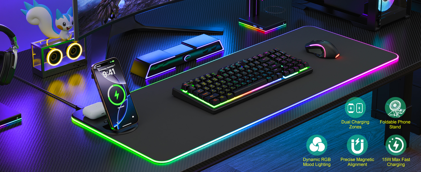 Ігровий RGB килимок для миші з бездротовою зарядкою Qi 15W, 800x350x4мм, 10 режимів підсвічування, швидка зарядка 10W для iPhone та навушників, водонепроникний, протиковзаючий (Чорний)