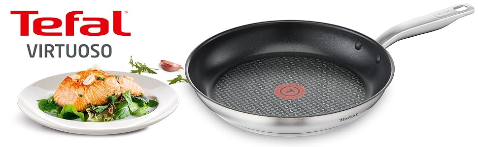 Сковорода Tefal Virtuoso E49106 28 см з антипригарним титановим покриттям та індикатором температури Thermo-Signal | Нержавіюча сталь | Індукція | Гарантія 10 років