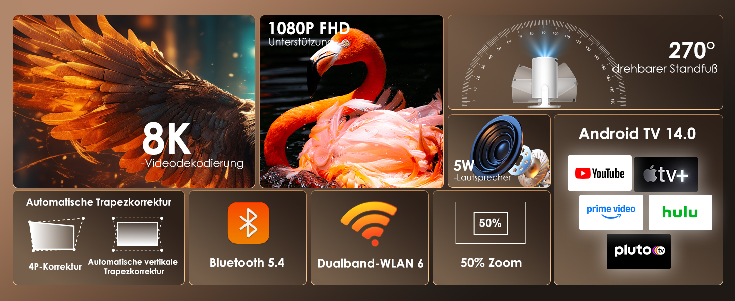 Міні проєктор Salange Mini Beamer 2026,8K з Android, WiFi 6, Bluetooth 5.4, Auto Keystone, 270° поворот, для дому та на вулицю, Sala300pro