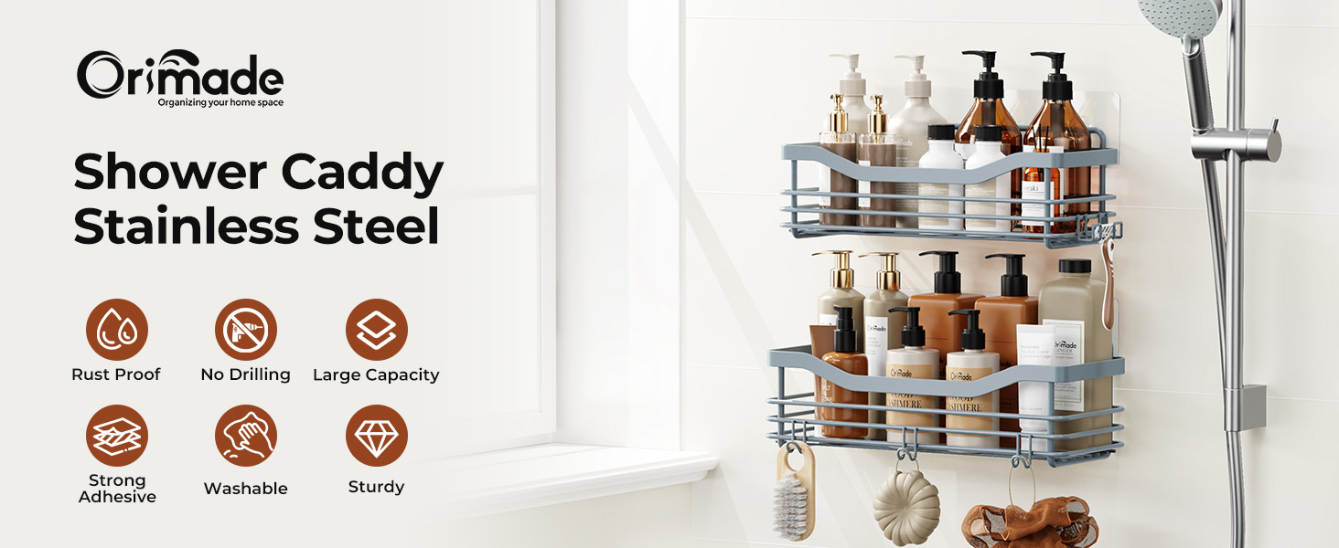 Набір душових корзинок Orimade з 5 гачками, 3 шт. (чорний, сірий) - без свердління, нержавіюча сталь SUS304