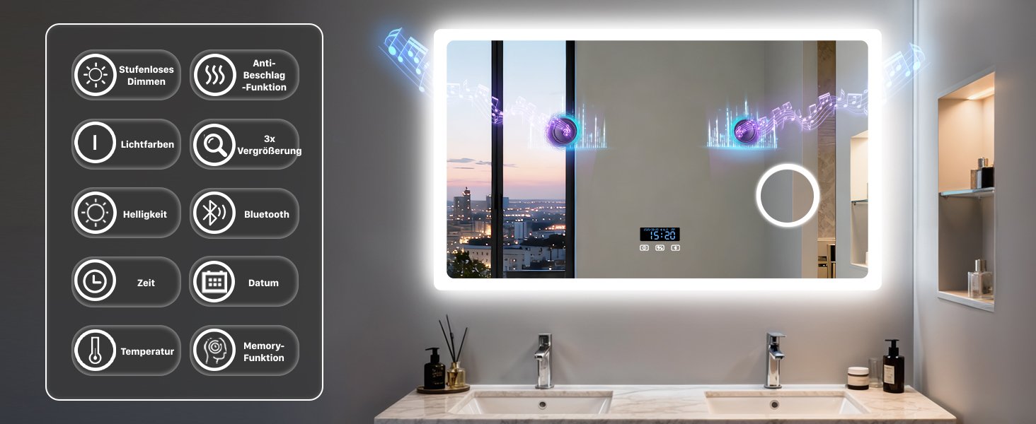 Дзеркало для ванної кімнати LUVODI з підсвічуванням 100x70 см: годинник, температура, дата, проти запотівання, регулювання яскравості, 3 кольори світла, функція пам'яті, LED, водонепроникність, збільшення 3x, Bluetooth