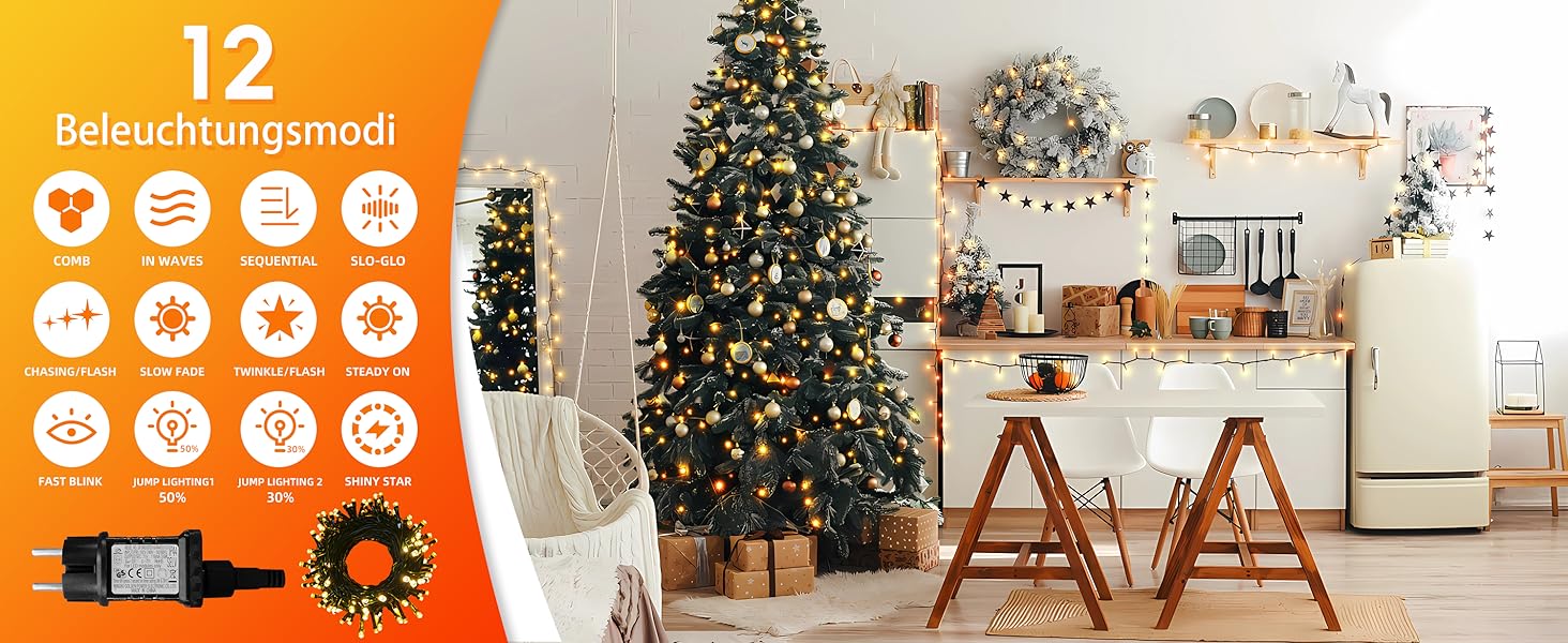 Льодогенератор WISD 23м, 200 LED, теплий білий, 12 режимів, таймер, для прикраси ялинки, балкона, кімнати, саду