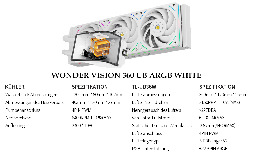 Система рідинного охолодження процесора Thermalright Wonder Vision 360 UB ARGB White, LCD-дисплей 6.67