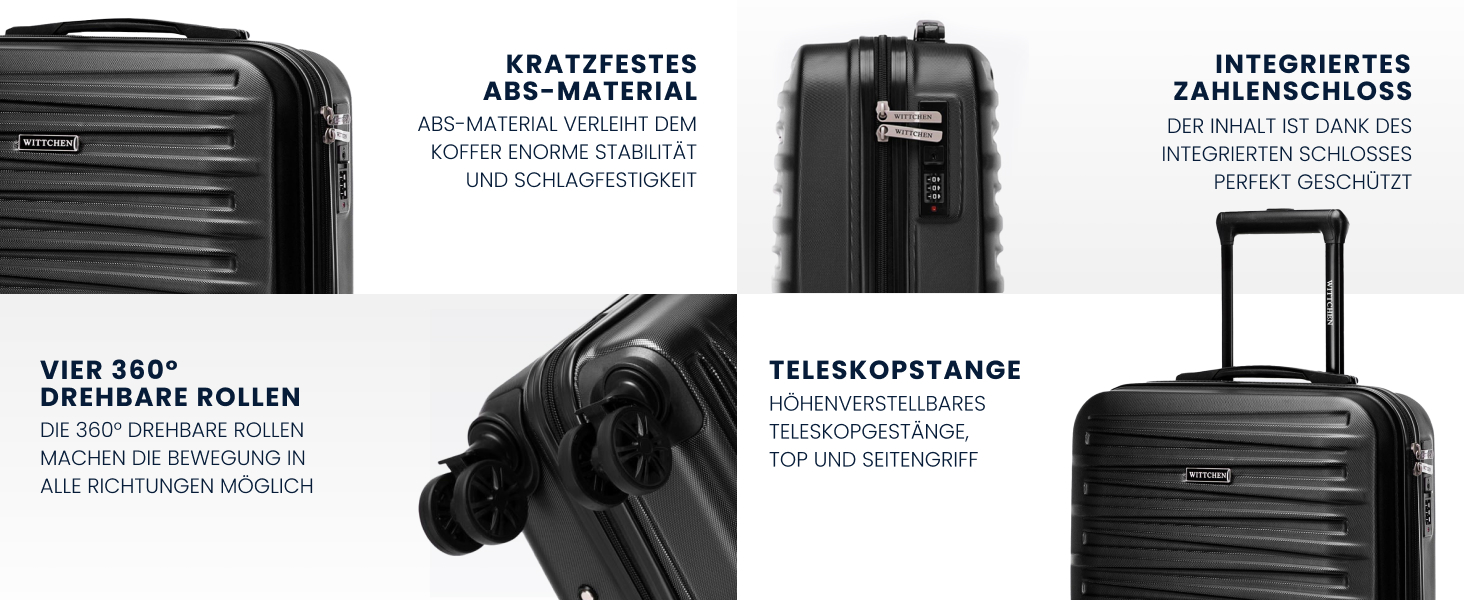 WITTCHEN Skyspeed Line - великий валіза з жорстким корпусом ABS, 4 колеса, телескопічна ручка, комбінаційний замок, чорний. Підходить для авіакомпаній Lufthansa, Eurowings, Ryanair, Condor