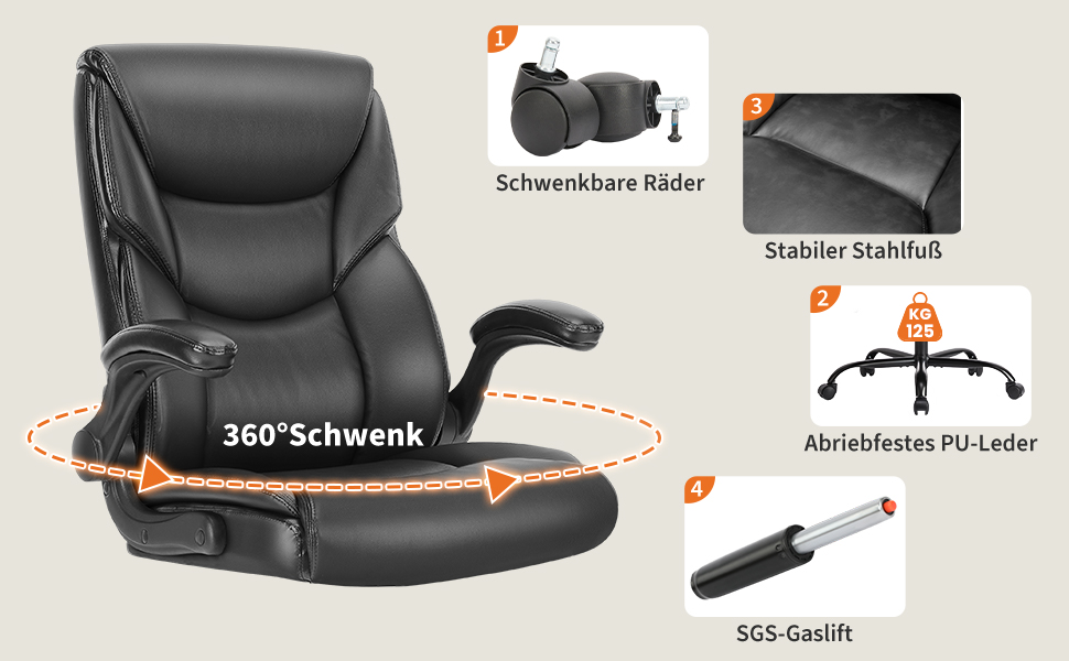 Крісло шеф-кухаря Sweetcrispy з PU шкіри, ергономічне офісне крісло, крісло для комп'ютера з регульованими підлокітниками, геймінгове крісло для роботи та відпочинку (Чорне)