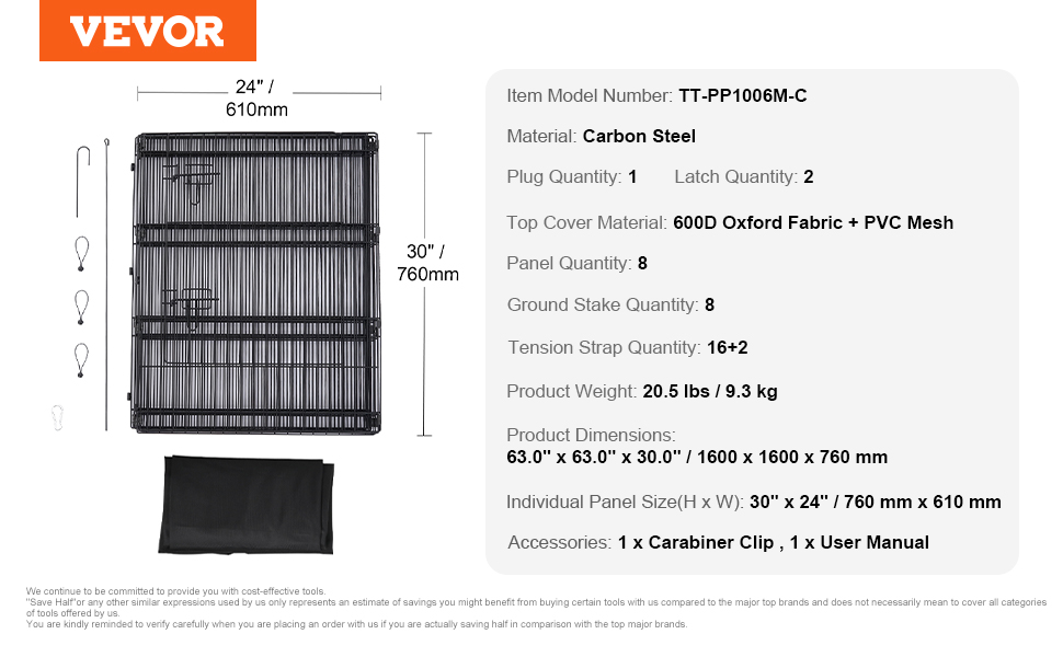 Laufstall для собак VEVOR, 8 панелей, 76 x 61 см, металевий, з дверцятами, Oxford 600D, для собак, котів та інших дрібних тварин